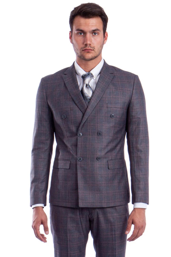 Cheap Suit - Men's Slim Fit Double Breasted Glen Plaid Dark Grey Suit