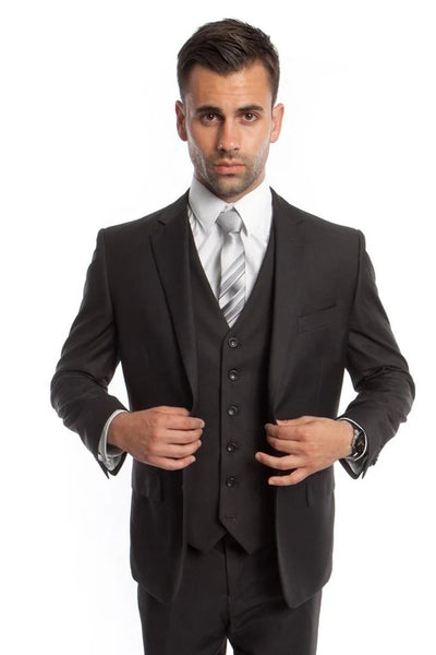 Cheap priced Suit - Men's Vested Two Button Solid Color Wedding & Business Dark Grey Suit