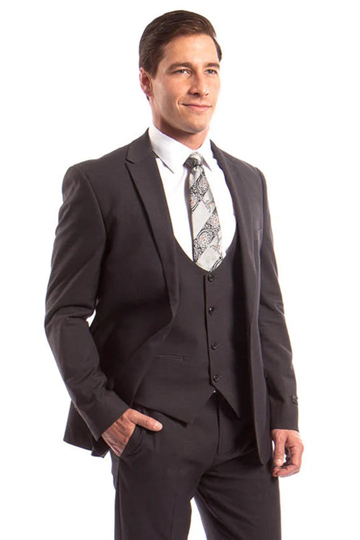 Cheap Suit - Men's One Button Peak Lapel Skinny Wedding & Prom Dark Grey Suit With Lowcut Vest