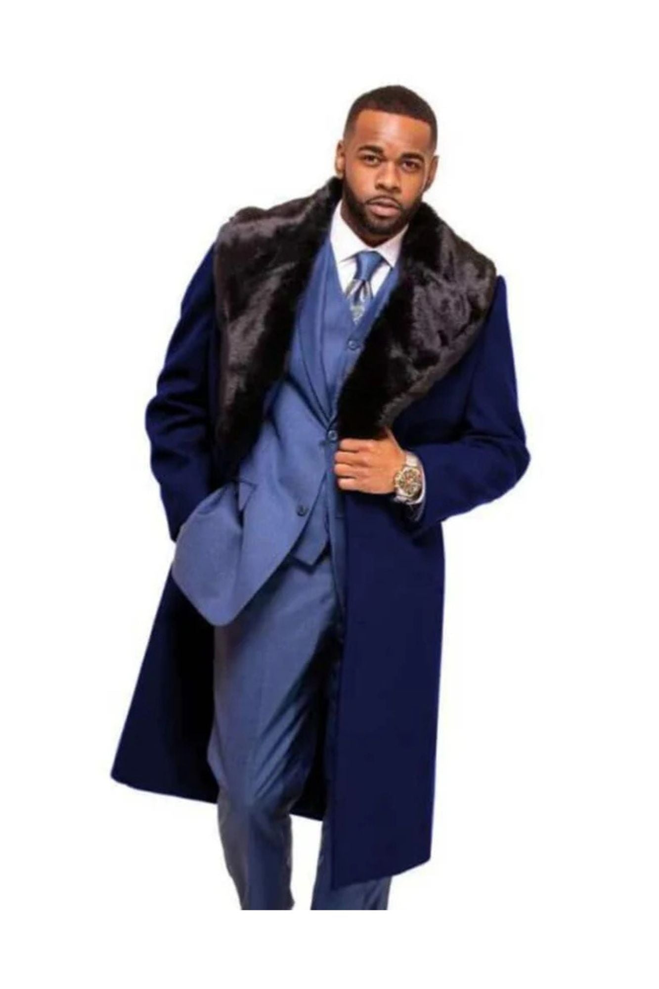Dark Navy Blue Overcoat ~ Long men's Dress Topcoat - Winter coat With Fur Collar And Wool Fabric - Coat Size 38