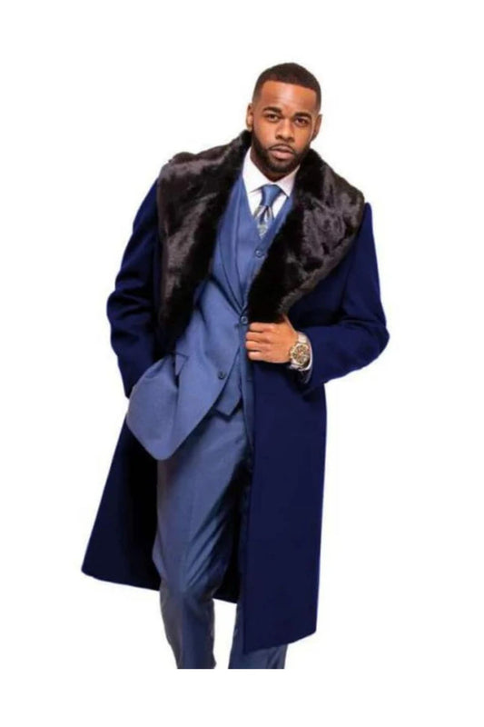 Dark Navy Blue Overcoat ~ Long men's Dress Topcoat - Winter coat With Fur Collar And Wool Fabric