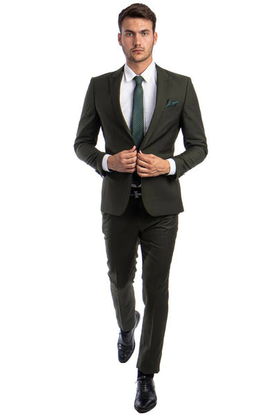 Cheap Priced Suit- Men's One Button Peak Lapel Basic Slim Fit Dark Olive Green Suit