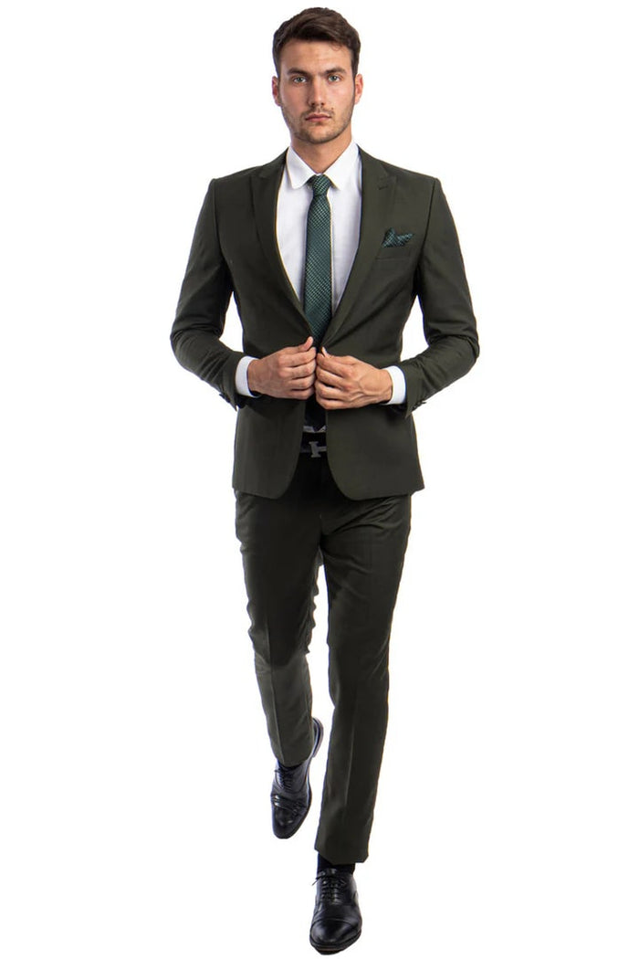 Cheap Priced Suit- Men's One Button Peak Lapel Basic Slim Fit Dark Olive Green Suit