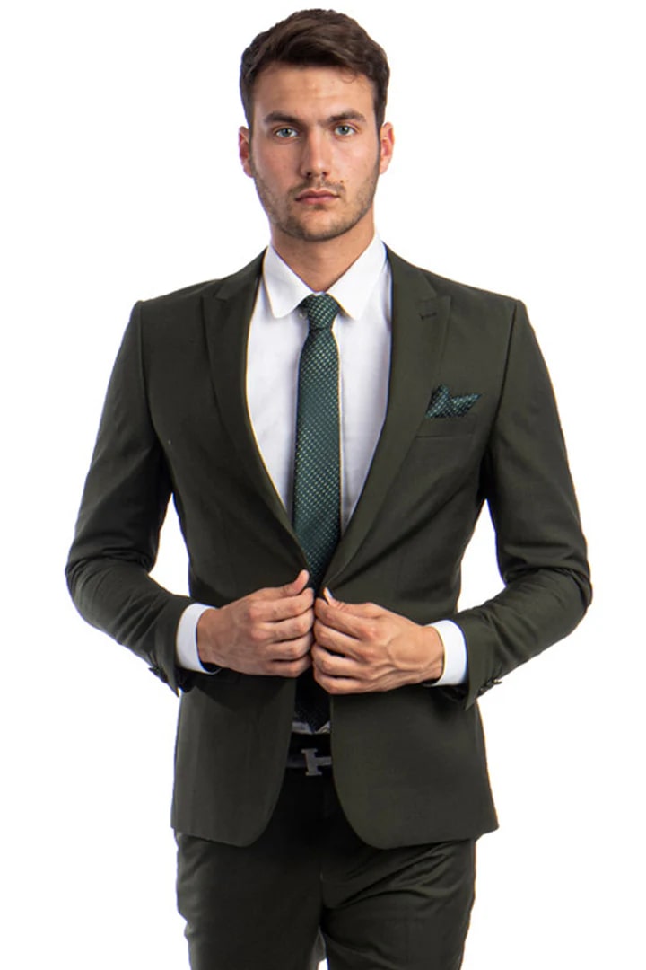 Cheap Priced Suit- Men's One Button Peak Lapel Basic Slim Fit Dark Olive Green Suit - 38 Short Jacket+32 Waist Adjustable 28to34)(Height: 5 4 to5 7 )(Neck  15-16.5)S-M)