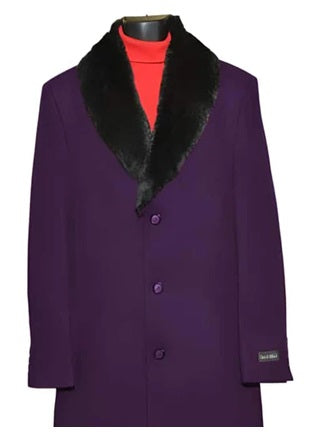 Men's (Removable) Dress Coat Fur Collar Dark Purple 3 Button Overcoat ~ Long Men's Dress Topcoat - Winter Coat Fabric Also - Three Quarter 34 Inch Length