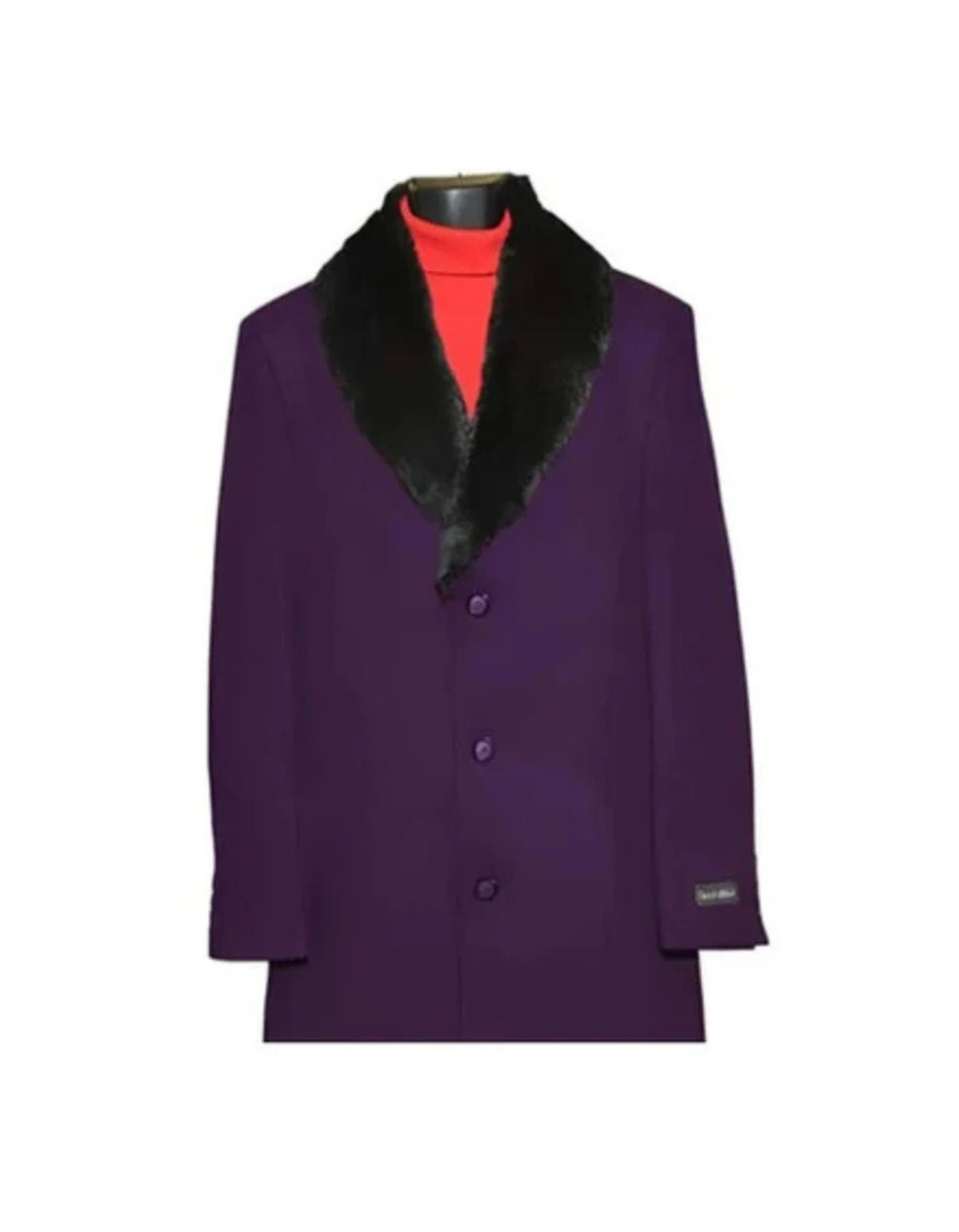 Men's (Removable) Dress Coat Fur Collar Dark Purple 3 Button Overcoat ~ Long Men's Dress Topcoat - Winter Coat Fabric Also - Three Quarter 34 Inch Length