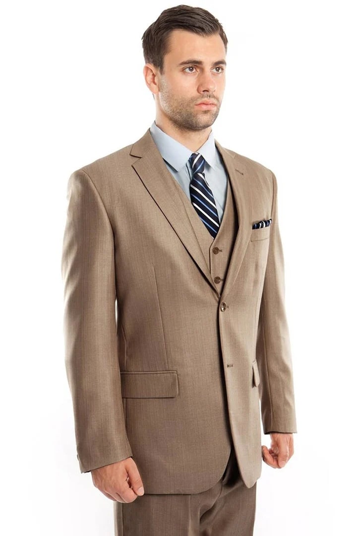 Cheap Suit - Men's Two Button Vested Textured Sharkskin Business Dark Tan Suit