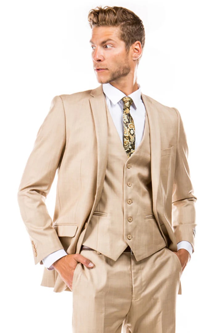 Cheap Priced Suit - Men's Two Button Vested Business Sharkskin Dark Tan Suit - 38 Short Jacket+32 Waist Adjustable 28to34)(Height: 5 4 to5 7 )(Neck  15-16.5)S-M)