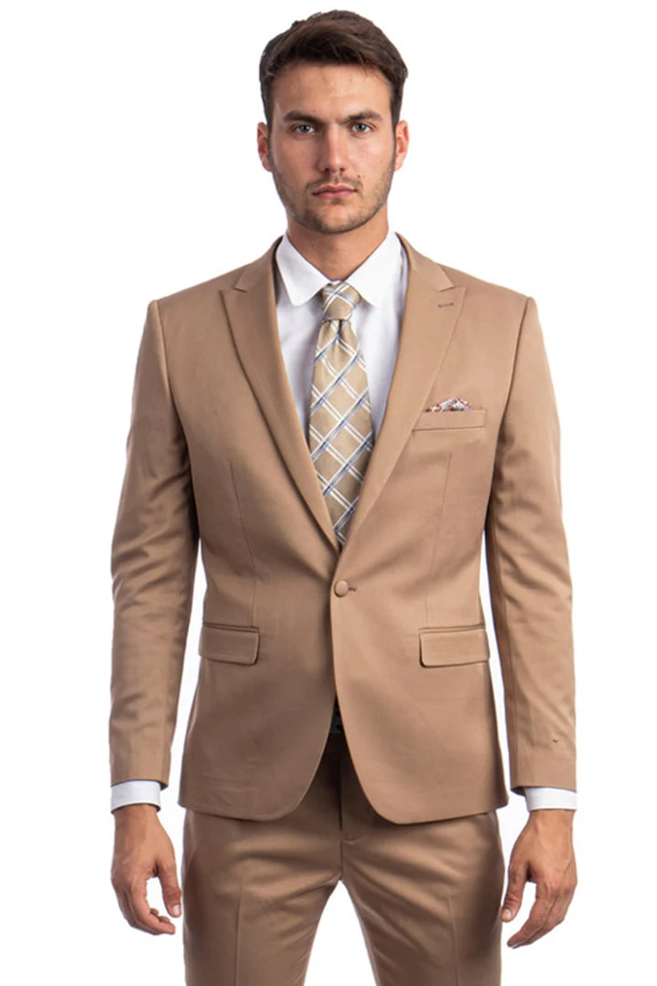 Cheap Priced Suit - Men's One Button Peak Lapel Basic Slim Fit Dark Taupe Suit - 38 Short Jacket+32 Waist Adjustable 28to34)(Height: 5 4 to5 7 )(Neck  15-16.5)S-M)