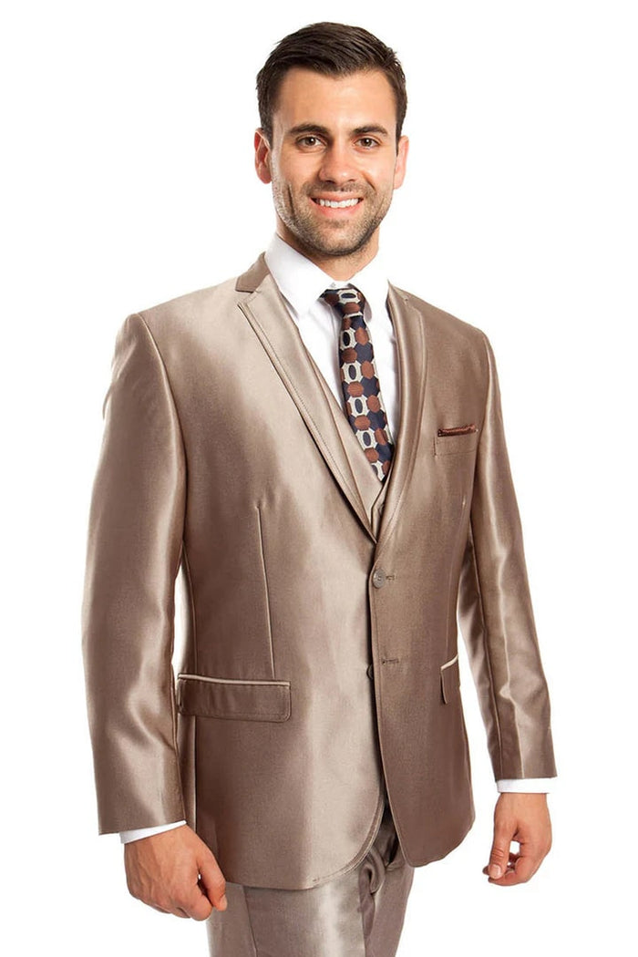 Cheap Priced Suit- Men's Two Button Vested Shiny Sharkskin Wedding & Prom 2026 Fashion Dark Taupe Suit