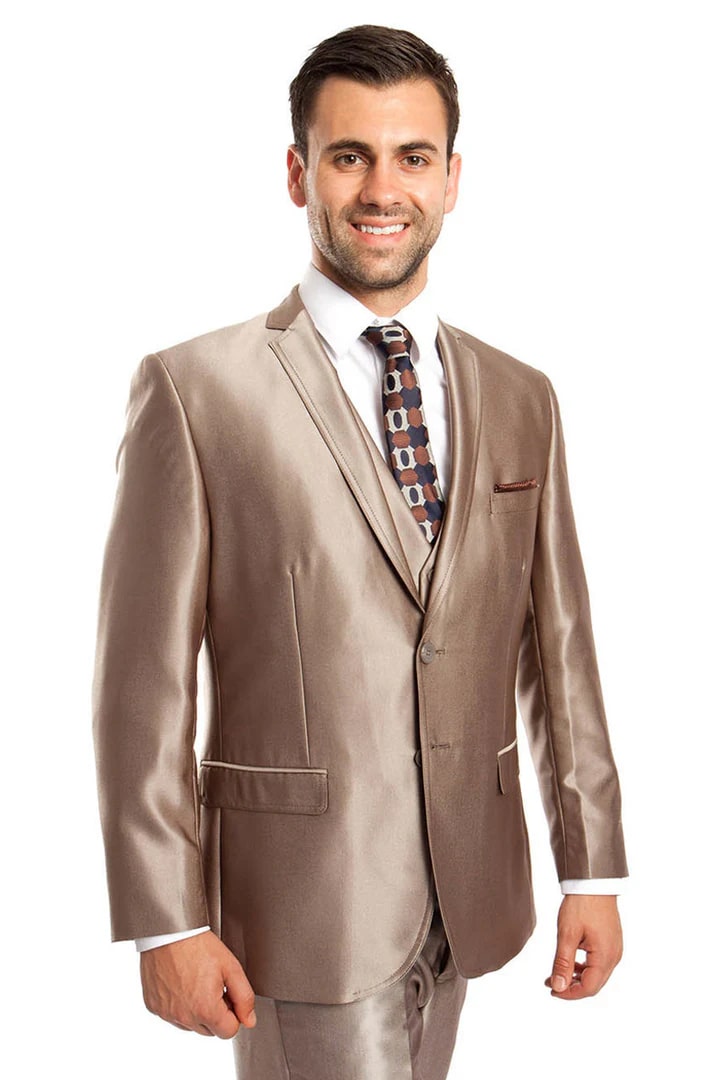 Cheap Suit - Men's Two Button Vested Shiny Sharkskin Wedding & Prom Fashion Dark Taupe Suit