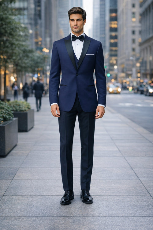 Mens Navy Blue Wedding Tuxedo - Dark Blue Tuxedo Suit" Mens Designer Satin Peak Blake Tuxedo in Navy