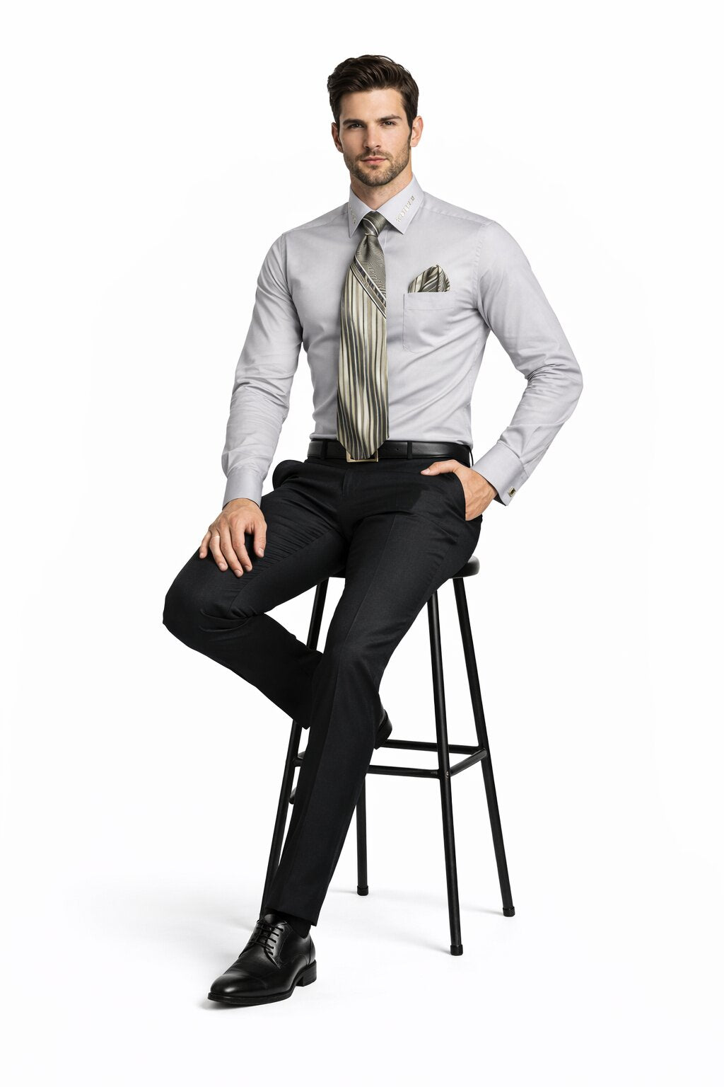 French Cuff + Tie + Handkerchief Men's Dress Shirt With Tie