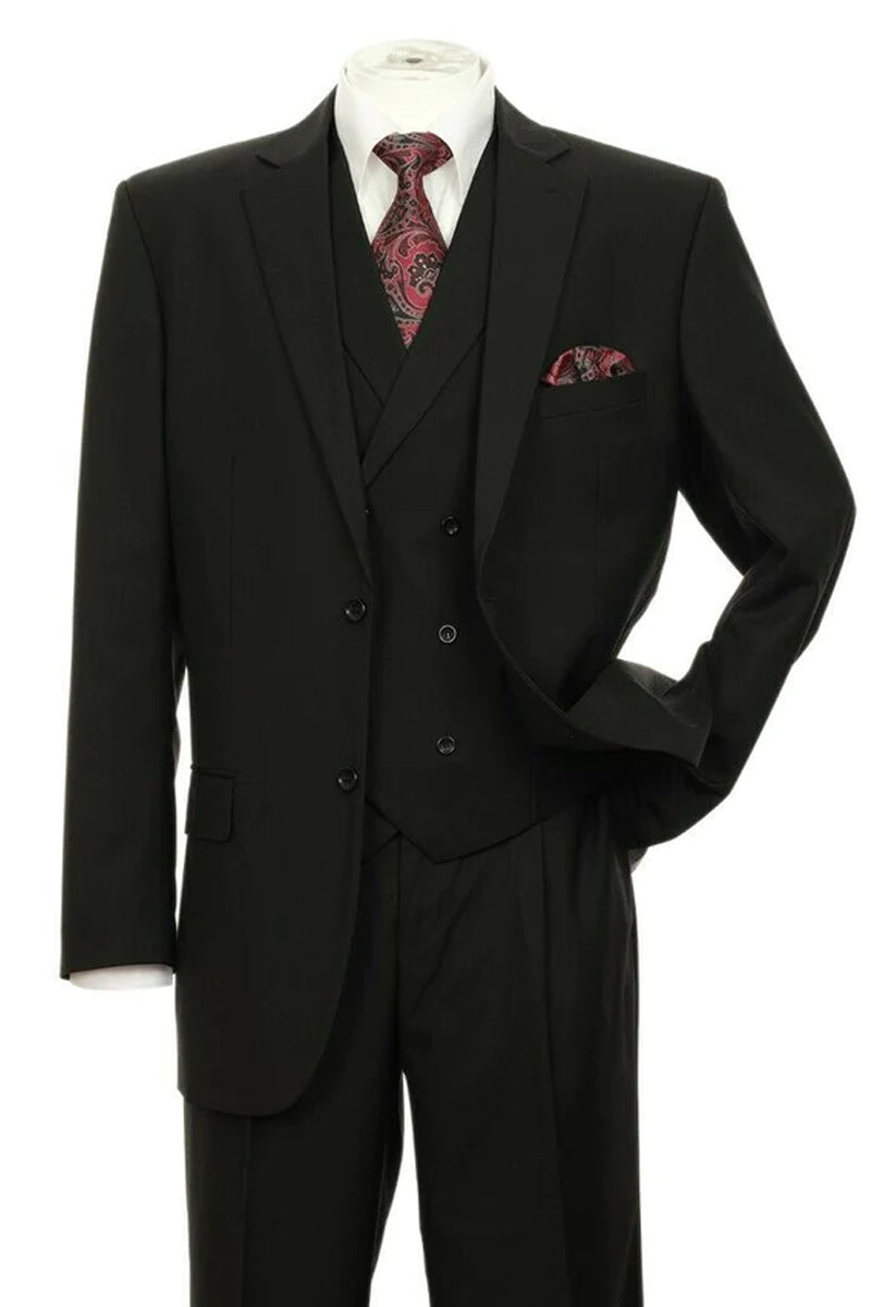 Black Men's 2-Button Suit with No Pleated Pants & Double-Breasted Vest Modern Fit Side Vented - 38 Long
