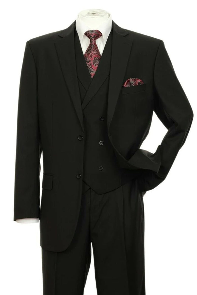 "Black Men's 2-Button Suit with Pleated Pants & Double-Breasted Vest"