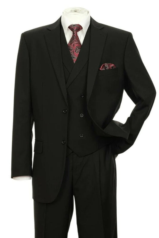 Black Men's 2-Button Suit with No Pleated Pants & Double-Breasted Vest Modern Fit Side Vented