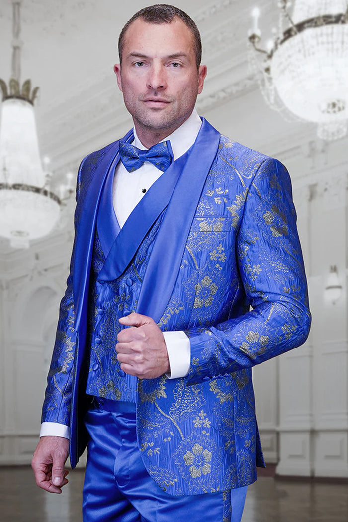 Men's royal blue paisley lace print tuxedo with double breasted vest â€“ prom & wedding suit