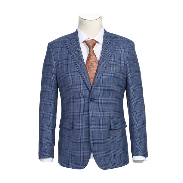 English Laundry Suits  Designer Brand - Wool Stretch Single Breasted Slim Fit Denim Blue Glen Check by English Laundry