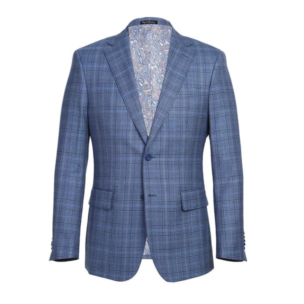 English Laundry Suits  Designer Brand - Wool Stretch Single Breasted Slim Fit Denim Blue Glen Check by English Laundry