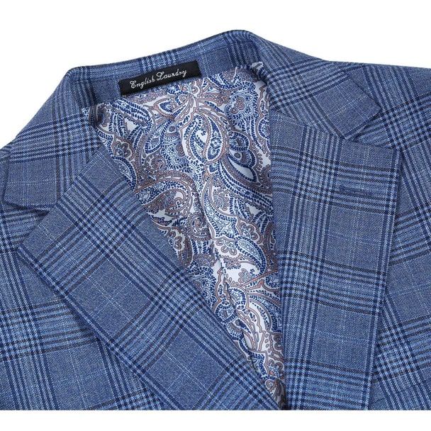 Designer Brand - Wool Stretch Single Breasted Slim Fit Denim Blue Glen Check - Coat Size 38