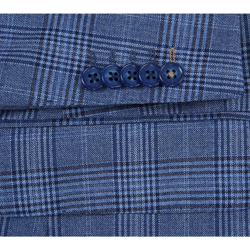 Designer Brand - Wool Stretch Single Breasted Slim Fit Denim Blue Glen Check