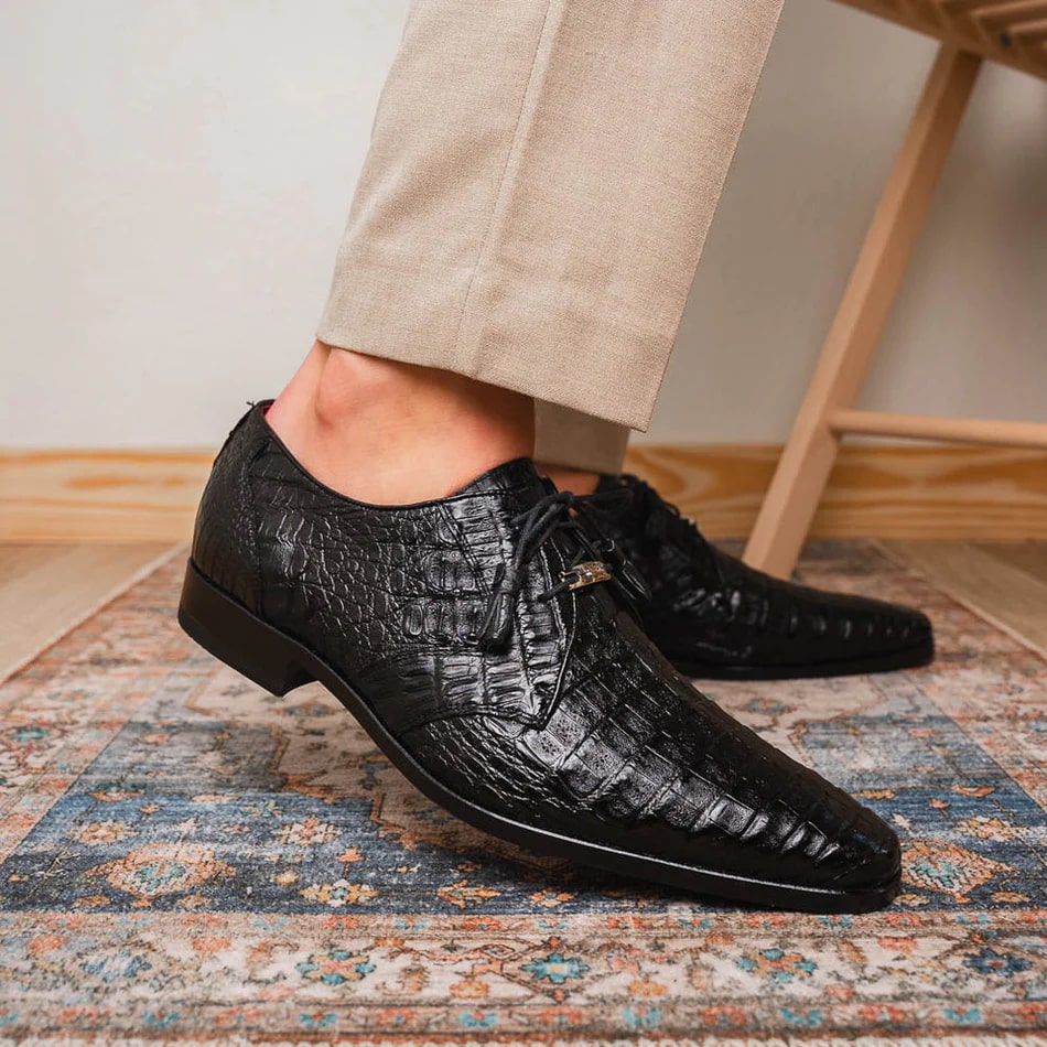 Marco Di Milano Lacio Men's Shoes Black Genuine Caiman Crocodile Dress Derby Oxfords - 6