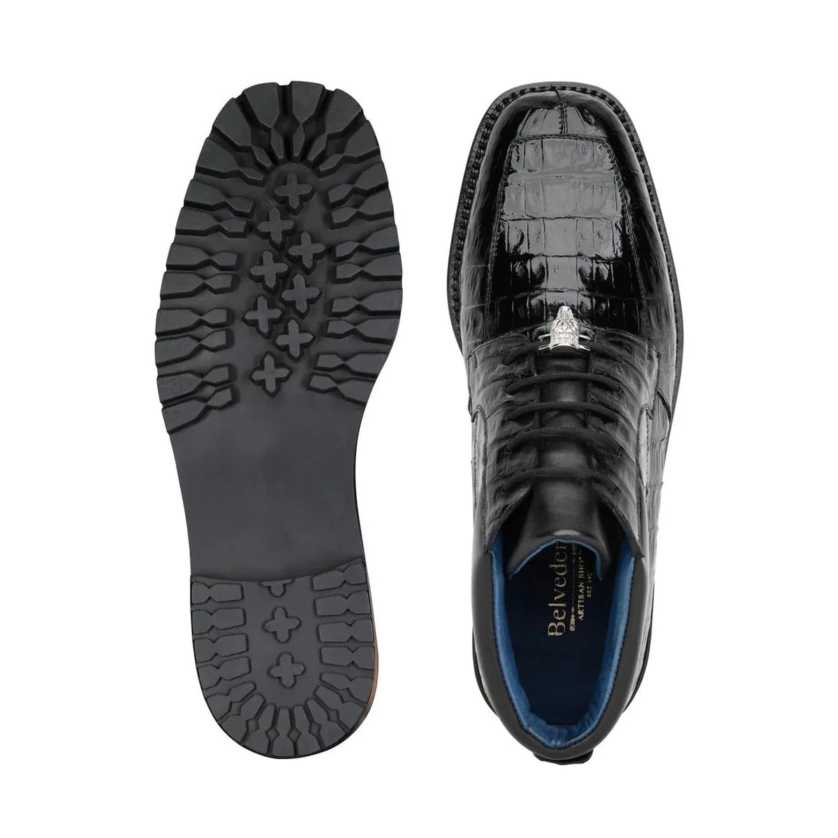 Belvedere Gallardo Men's Shoes Black Exotic Caiman Crocodile Derby Split-toe Boots - 10