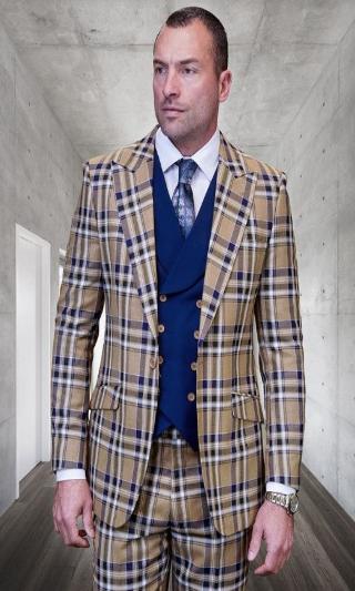 Statement Confidence Designer Suit - Camel Khaki Color Windowpane - Super 150's Wool Suit One Button Peak Lapel Double Breasted Vest Tan and Blue Mixture Color Perfect Fro Church