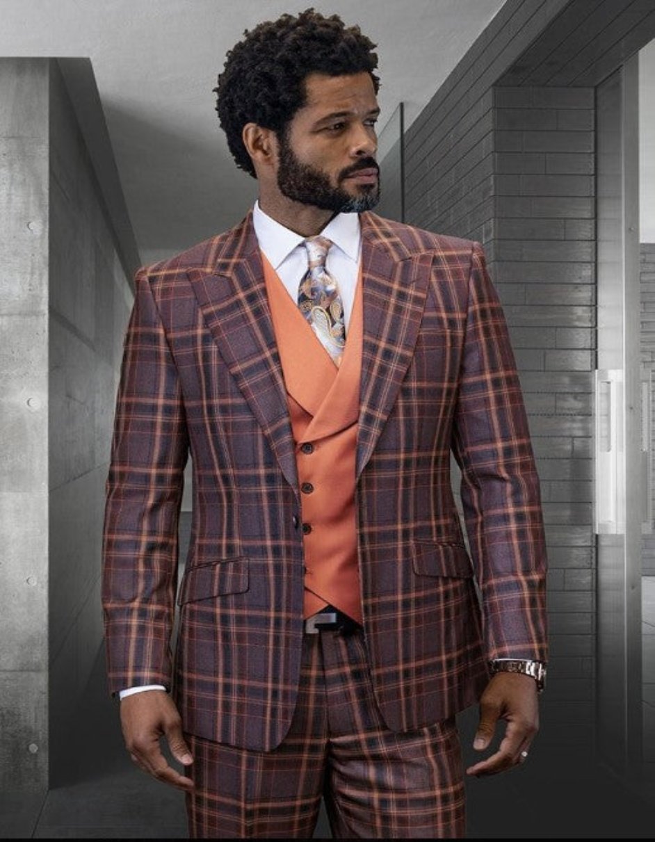Statement Confidence Designer Suit - Copper - Orange - Super 150's Wool Suit 1 Button Peak Lapel Double Breasted Vest Rust Color  Perfect Fro Church - Coat Size 38