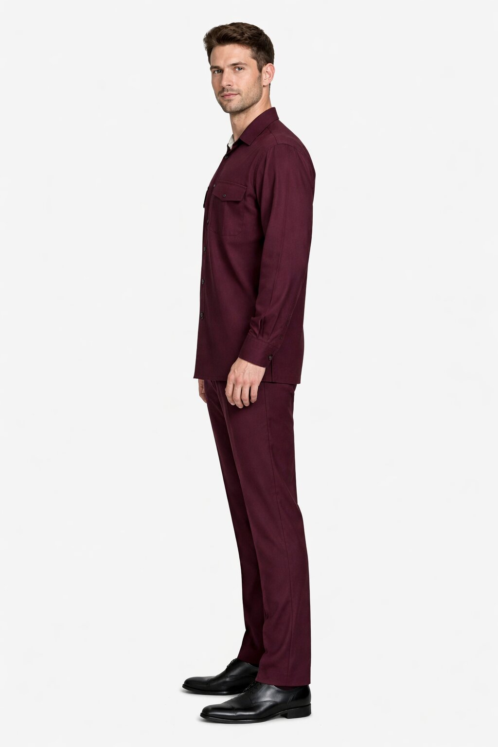 Mens Luxury Burgundy Wool Two-Piece Leisure Walking Suit - Small