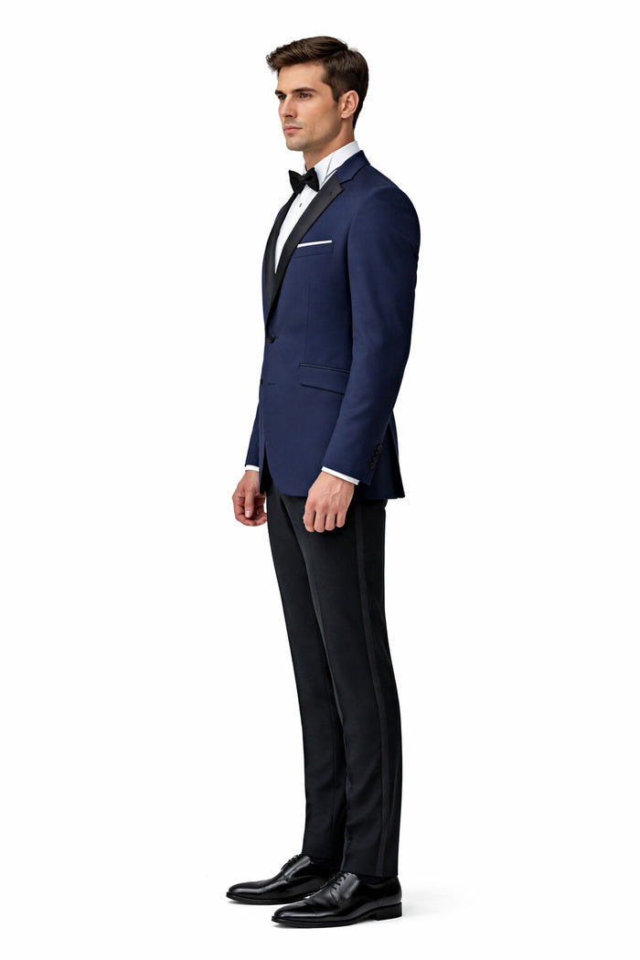 Mens Navy Blue Wedding Tuxedo - Dark Blue Tuxedo Suit" Mens Designer Satin Peak Blake Tuxedo in Navy