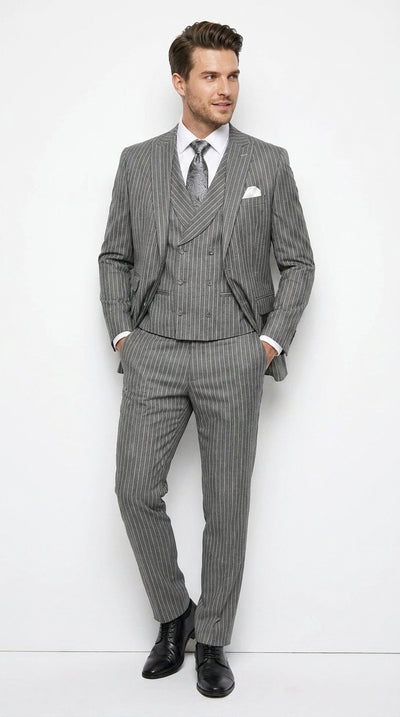 Men’s Grey Pinstripe Gangster Suit – 3 Piece 2 Button Suit with Double Breasted Vest, Vintage Formal Outfit