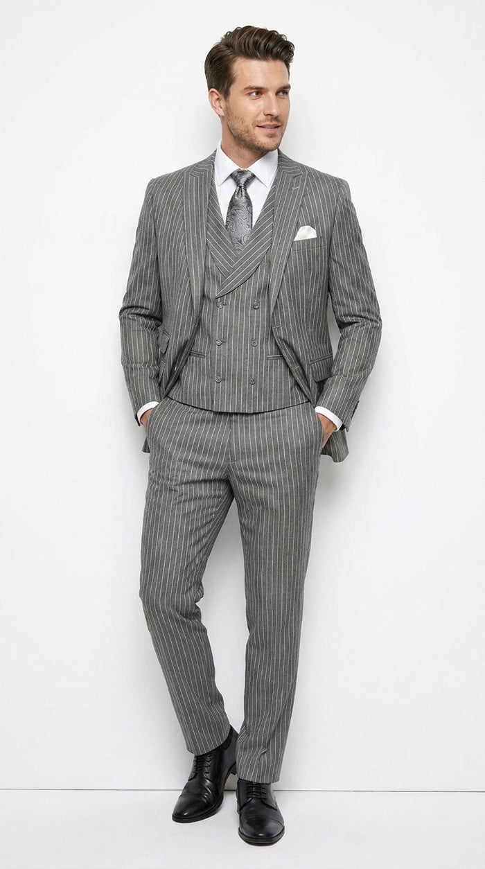 Men’s Grey Pinstripe Gangster Suit – 3 Piece 2 Button Suit with Double Breasted Vest, Vintage Formal Outfit
