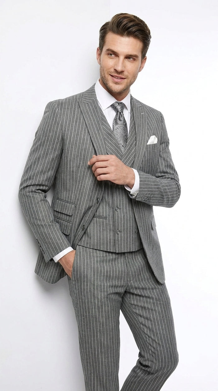 Men’s Grey Pinstripe Gangster Suit – 3 Piece 2 Button Suit with Double Breasted Vest, Vintage Formal Outfit