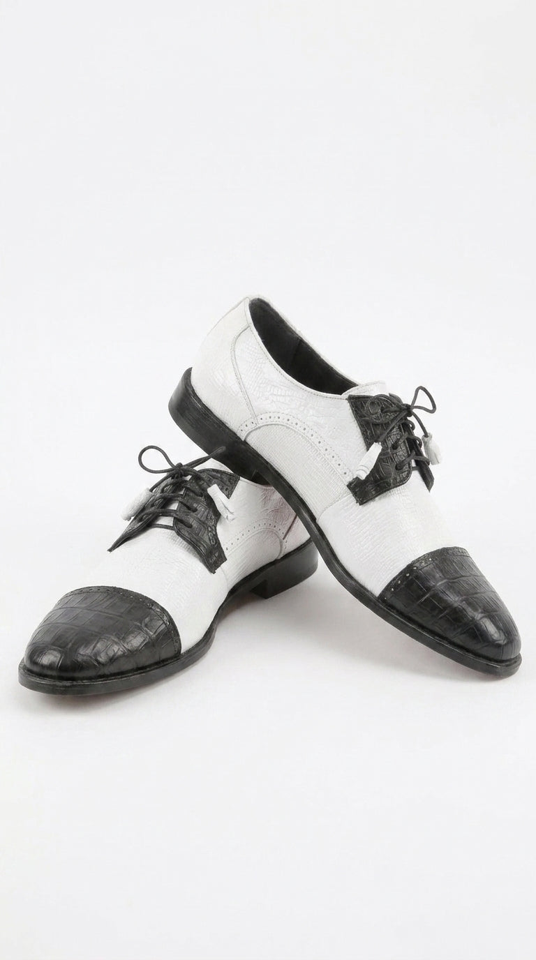 Los Altos Men’s Black and White Genuine Teju Lizard and Caiman Lace-Up Dress Shoes - US 8.0 Standard/D/ Medium / Eu:41-42