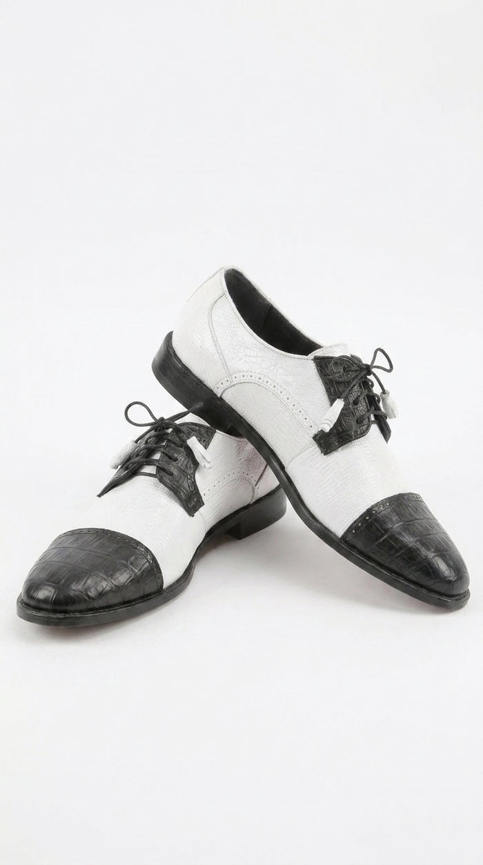 Los Altos Men’s Black and White Genuine Teju Lizard and Caiman Lace-Up Dress Shoes