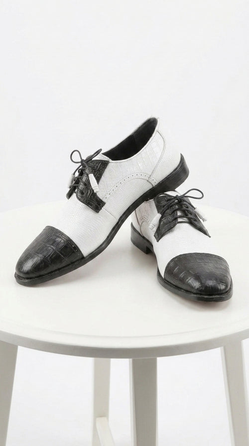 Los Altos Men’s Black and White Genuine Teju Lizard and Caiman Lace-Up Dress Shoes