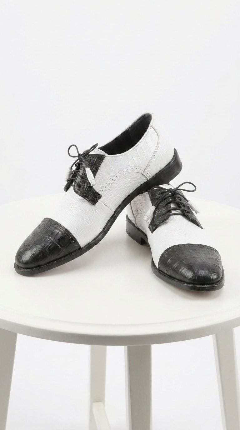 Los Altos Men’s Black and White Genuine Teju Lizard and Caiman Lace-Up Dress Shoes - US 8.0 Standard/D/ Medium / Eu:41-42