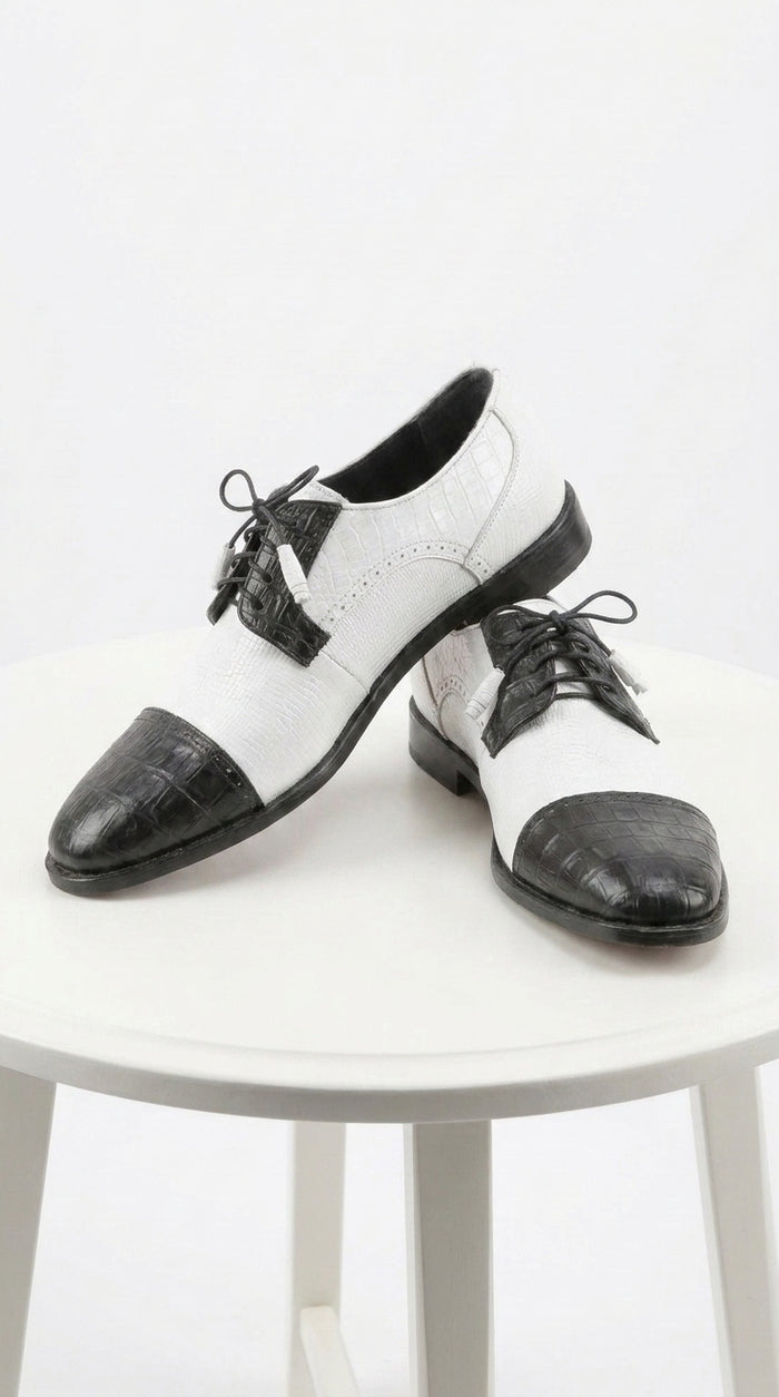Los Altos Men’s Black and White Genuine Teju Lizard and Caiman Lace-Up Dress Shoes