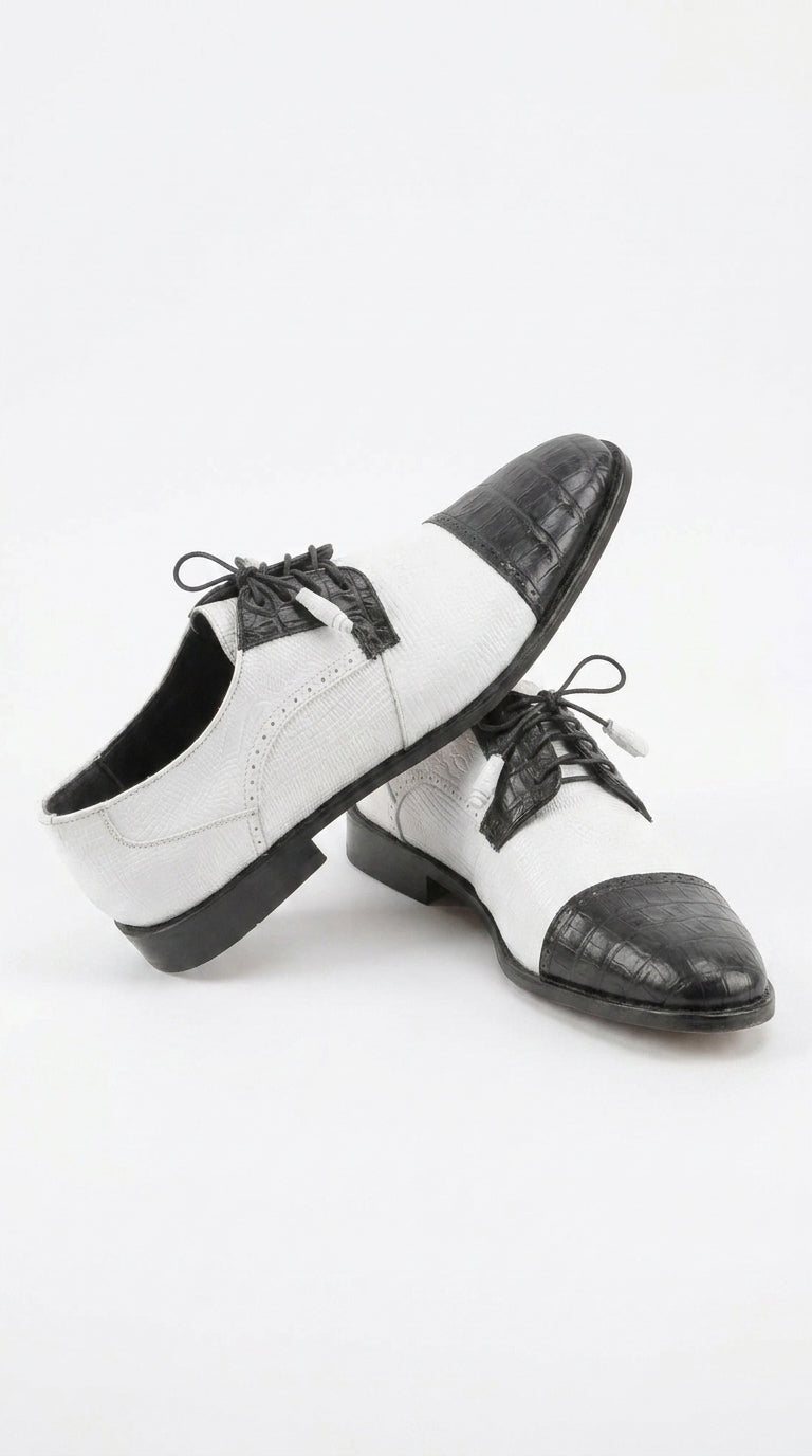 Los Altos Men’s Black and White Genuine Teju Lizard and Caiman Lace-Up Dress Shoes - US 8.0 Standard/D/ Medium / Eu:41-42
