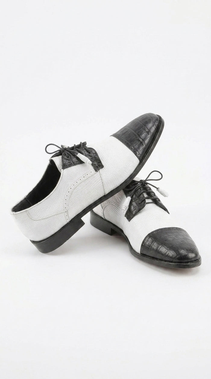 Los Altos Men’s Black and White Genuine Teju Lizard and Caiman Lace-Up Dress Shoes