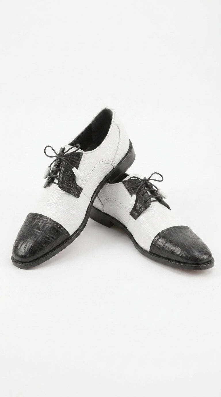 Los Altos Men’s Black and White Genuine Teju Lizard and Caiman Lace-Up Dress Shoes - US 8.0 Standard/D/ Medium / Eu:41-42