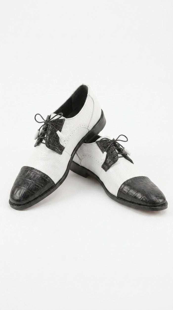 Los Altos Men’s Black and White Genuine Teju Lizard and Caiman Lace-Up Dress Shoes
