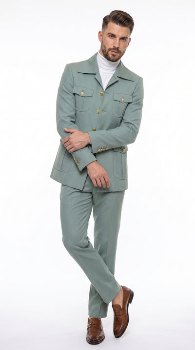 Men’s Olive Green Safari Suit Set, Utility Jacket and Adjustable Waist Pants Casual Outfit