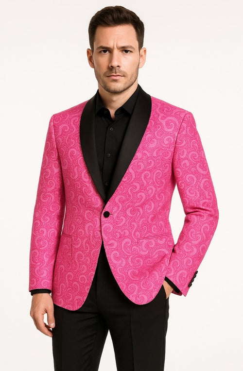 Mens Hot Pink Paisley Tuxedo Blazer with Black Shawl Lapel Fuchsia Color Dinner Jacket Perfect for Prom