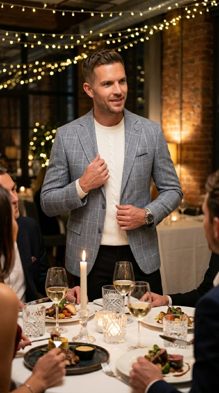 Stacy Adams Men’s Light Gray and Blue Textured Windowpane Sport Coat, Hybrid Fit Business Casual Blazer
