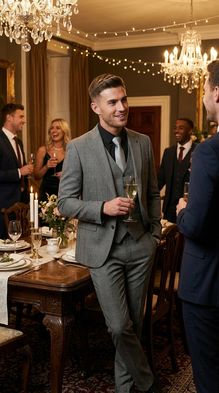 Stacy Adams Men’s 3 Piece Glen Check Hybrid Fit Suit, Formal Wedding Business Suit in Navy, Gray and Brown