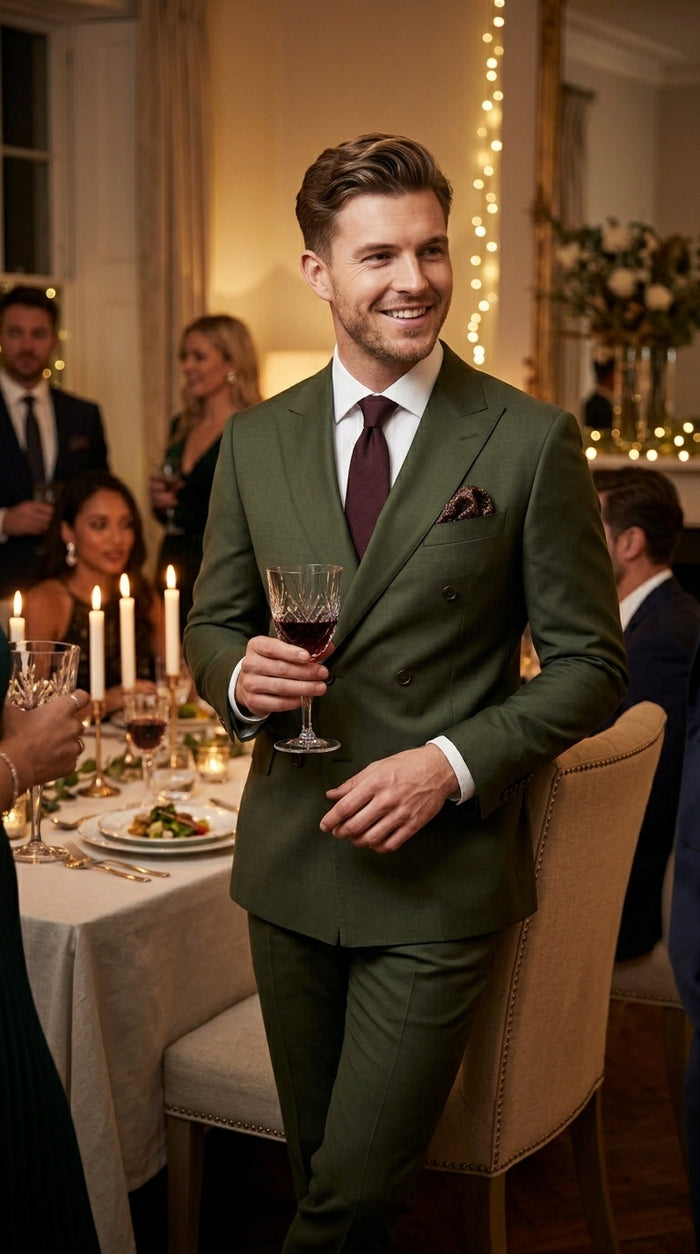 Men’s Dark Green Double Breasted Suit, Classic Formal Wedding Business Dress Suit