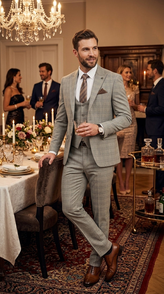Men’s Khaki Glen Plaid Stacy Adams 3 Piece Suit, Two Button Peak Lapel Formal Wedding Suit Set