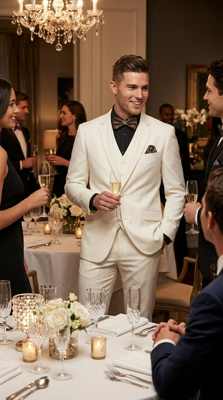 Men’s Off White 100% Wool Vested Suit, Solid Formal Wedding Prom 3 Piece Suit Set